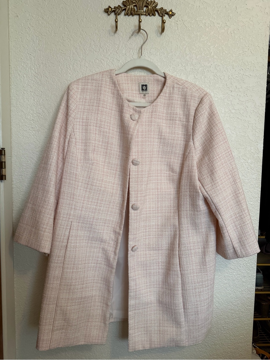 Anne Klein Pale Pink Tweed Collarless Pea Coat
